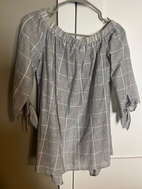 She + Sky Gray Windowpane Off-Shoulder Tie-Sleeve Tunic